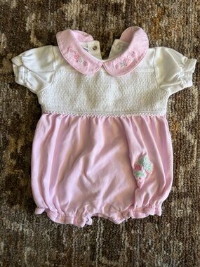 Vintage McBaby Pink and White Baby Romper with Embroidered Collar size 0-3 month